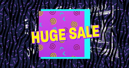 Poster - Displaying bold yellow huge sale on purple turquoise squares in website banner with zebra stripes
