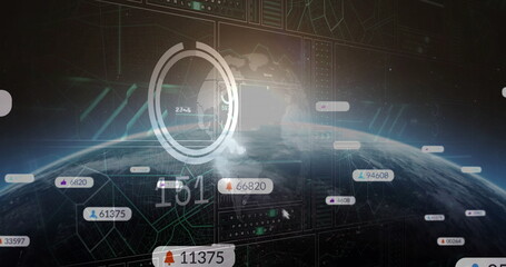 Poster - Displaying semi-transparent Earth globe in station interface with HUD, numeric tags, cursor pointer