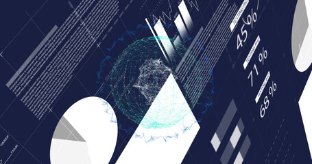 Poster - Displaying glowing wireframe sphere on dashboard with pie chart, text blocks, percentages and panel