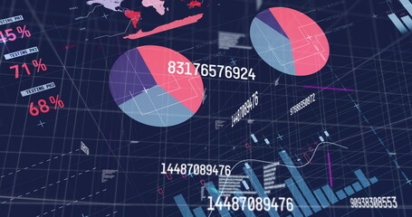 Poster - Large multicolored pie chart displaying data in dashboard, with world map heatmap, copy space
