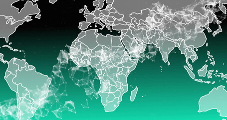 Poster - Displaying digital map showing white continent outlines over green-black gradient with mesh nodes