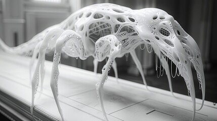 Poster - Intricate 3D-printed sculpture resembling a fantastical creature displayed in a gallery setting