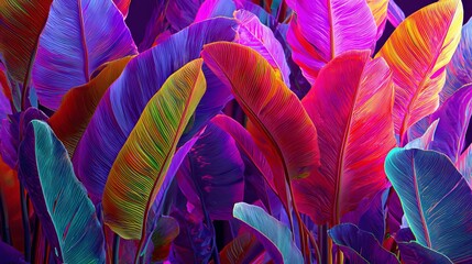 Poster - Vibrant Tropical Leaves Abstract Background Design Colorful Nature Plant Exotic Flora Digital Art Summer Theme Bright Vivid Rainbow Hues Pattern Texture Graphic Design Element     