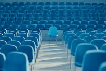 Poster - Empty auditorium with a single blue chair standing out among many similar blue chairs in bright light
