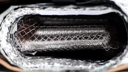 Metallic Coil Enclosed in Silver Net and Foil Packaging Close Up View