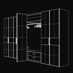 Poster - Black and white wardrobe blueprint with detailed drawers, hangers, and storage compartments, showcasing functional closet design. The technical drawing highlights precise measurements and layout