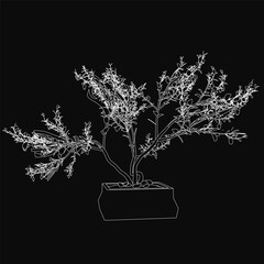 Poster - A decorative tree sketched in black and white, featuring detailed branches and leaves, placed in a simple pot against a dark background. The minimalist, artistic style highlights the plant's elegant.
