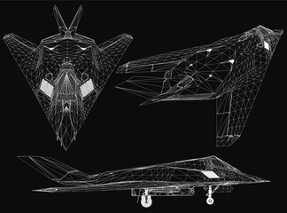 Poster - Fighter jet wireframe model in 3D, showcasing sleek aerodynamic design on a black background. The detailed mesh structure highlights advanced engineering and futuristic aesthetics.