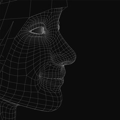 Poster - Wireframe female face, consisting of complex lines and geometric shapes forming a realistic facial structure. The digital grid highlights detailed contours of the eyes, nose and lips. The girl smiles.