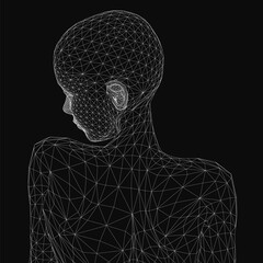Poster - Wireframe girl with a transparent mesh body, showcasing skeletal structure and digital design elements in a futuristic style. The minimalist 3D model highlights human anatomy with clean lines