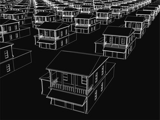 Poster - A row of 3D model houses with unique designs stands neatly on a black background. The stark contrast highlights the white structures, emphasizing their architectural details.