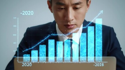 Poster - Businessman Analyzing Upward Trending Blue Bar Graph on Laptop