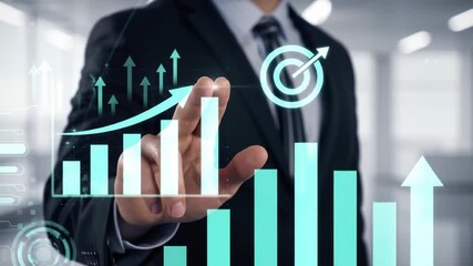 Poster - Businessman Interacting with Teal Bar Graph and Upward Arrows