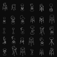 Fototapete - A set of white bar stools arranged in a neat pattern on a black background, each with a unique design. The monochrome contrast highlights the modern aesthetic and clean lines.