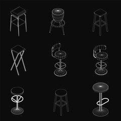 Poster - A set of bar stools sketched in white on a black background, each with a unique design and detailed contours. The high-contrast composition highlights the elegant shapes and clean lines of the chairs.