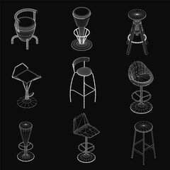 Fototapete - A set of bar stools arranged on a sleek black background, showcasing various shapes and sizes in a clean 3D model. The modern chairs feature minimalist designs with smooth curves and sturdy frames.