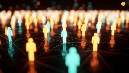 Poster - Glowing Network of Teal and Orange Figures on Dark Reflective Surface