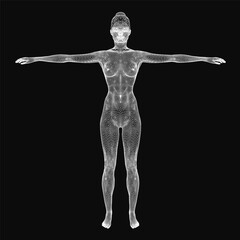 Poster - Wireframe woman with arms outstretched, showcasing a detailed 3D model of human anatomy against a black background. The skeletal structure and musculature are clearly visible, emphasizing a.