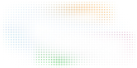 Poster - Abstract halftone dot pattern with blue center and soft gradient of green, orange, pink, and gray tones.