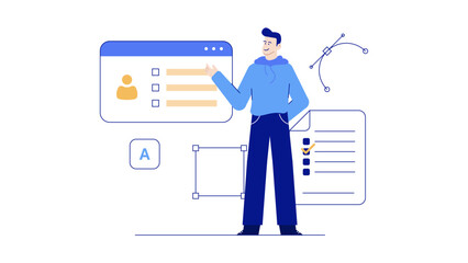Ideal for web developers showcasing their UI designs. Man presenting user interface elements, suitable for tech blogs and design tutorials.