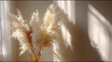 Poster - Bright morning light casts gentle shadows on pampas grass in a tranquil indoor setting