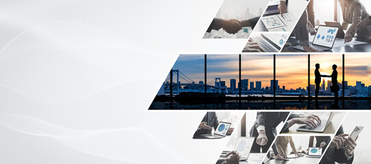 Aufkleber - A collage of various business and technology images. Wide angle visual for banners or advertisements.