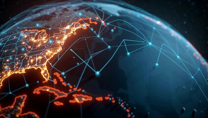 Poster - A digital map of the United States with glowing connections between cities, representing global connectivity and technology use in American government, is depicted on an Earth globe Generative AI