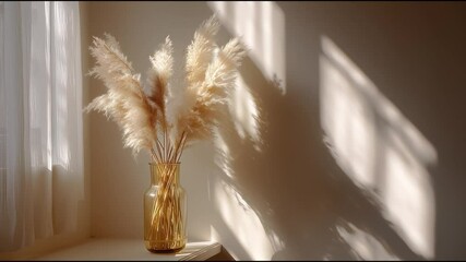 Poster - Elegant dried pampas grass arrangement in a sunlit room with soft shadows on the wall