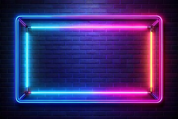 Wall Mural - Vibrant neon rectangular frame glowing on brick wall in colorful modern composition