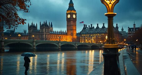 Wall Mural - solitary figure under umbrella near big ben, london, during heavy rainfall at night.