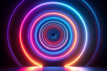 Wall Mural - Vibrant neon circle light tunnel with glowing colorful rings in futuristic abstract scene