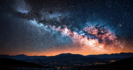 Wall Mural - majestic milky way galaxy over silhouetted mountains and a valley at night.