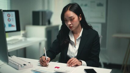 Poster - Young professional Asian businesswoman carefully reviewing financial charts, taking notes while analyzing data in contemporary corporate workspace