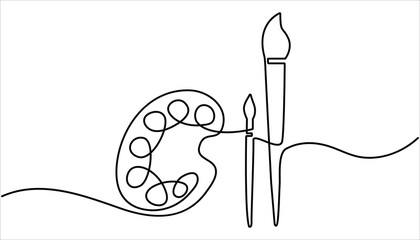 Fototapete - Palette and paint brush continuous one line drawing illustration. one line art palette and brush vector icon. single line, one continuous line, simple, hand drawn and sketch style. 