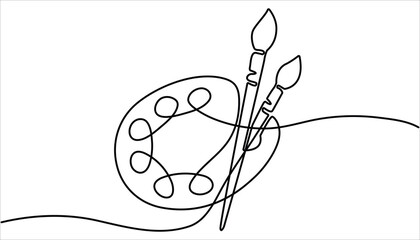 Fototapete - Palette and paint brush continuous one line drawing illustration. one line art palette and brush vector icon. single line, one continuous line, simple, hand drawn and sketch style. 