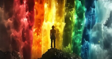 Wall Mural - silhouetted person standing on a rock against a vibrant rainbow colored background.