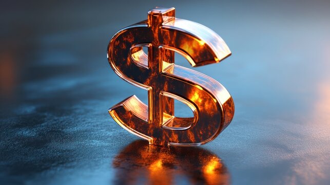 3D Rendered Dollar Sign on Reflective Surface