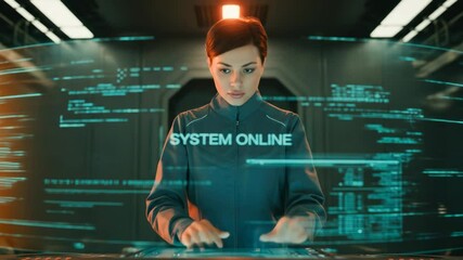 Woman interacting with holographic coding display in futuristic setting high tech concept advanced technology modern business and science theme futuristic interface