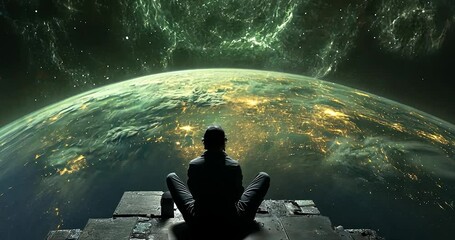 Wall Mural - person silhouetted against a glowing green nebula and earth's night lights, sitting on a platform in