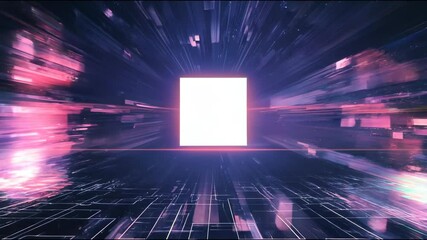 Poster - Vibrant digital portal, futuristic glowing entrance amidst sparkling particles, ideal for sci-fi themes and creative projects.