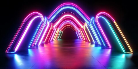 Aufkleber - neon light shapes on black background, rainbow colors, fashion show stage, abstract background, 3d r