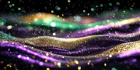 Poster - Abstract modern elegant, detailed gold, purple, green glitter particles flow with a shallow depth of field underwater. Holiday magic shimmering luxury background. de-focused