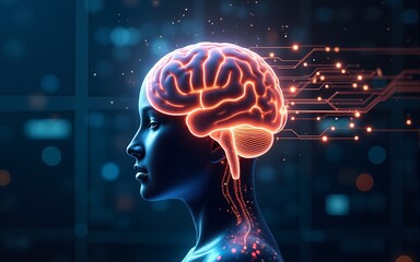 Poster - Big data and artificial intelligence concept. Human brain glowing from processor, symbolizing the fusion of human intelligence and machine learning capabilities. Evolution of technology of data.