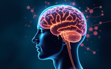 Poster - Big data and artificial intelligence concept. Human brain glowing from processor, symbolizing the fusion of human intelligence and machine learning capabilities. Evolution of technology of data.