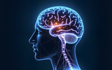 Poster - Human brain showing Intelligent thinking processing through the concept of a neural network printed circuit of big data and artificial intelligence, computer Generative AI stock illustration image