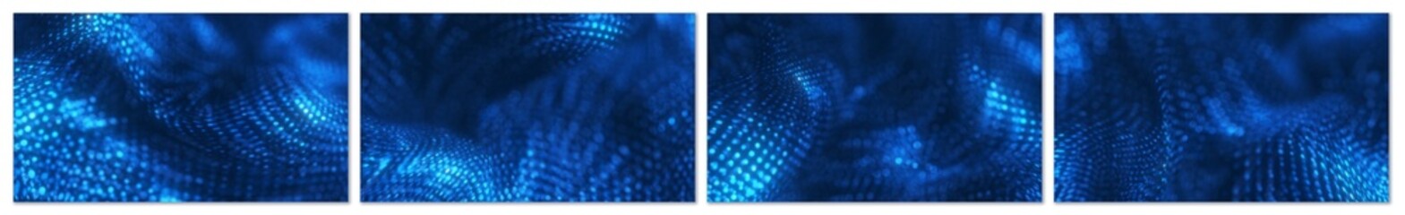 Poster - Technology Network Background set of 4 with abstract blue particles forming a flowing mesh or wave pattern against a dark background, creating a futuristic and digital feel. 3D render.