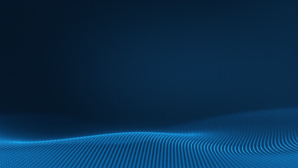 Poster - Abstract technology background with a dynamic wave of luminous blue particles forming a digital network mesh against a deep blue backdrop, representing data flow, connectivity, or digital space.