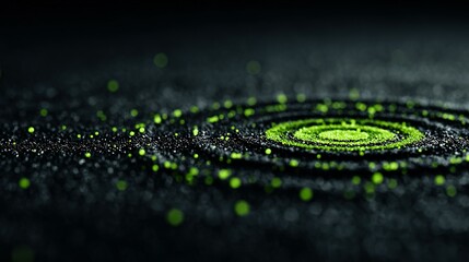 Poster - Abstract design with concentric circles of bright lime green particles on a dark background.