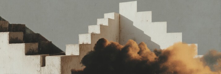 Aufkleber - Abstract Concrete Staircase with Dramatic Smoke and Geometric Shadows - Modern Art, Minimalist Design, Industrial Texture for Creative Visual Storytelling