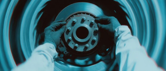 Poster - Close-up of Mechanic Hands Maintaining Front Brake Disc and Pads Assembly with Tools in Automotive Service Center for Road Safety and Reliability